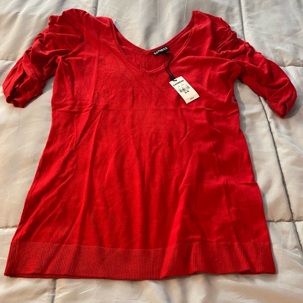 EXPRESS Red Sweater with Ruched Sleeves